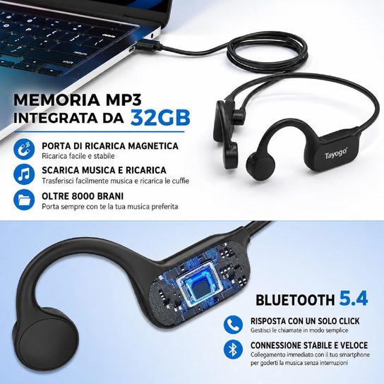 Tayogo W26骨传导游泳耳机，IPX8，32GB MP3，蓝牙5.4和麦克风